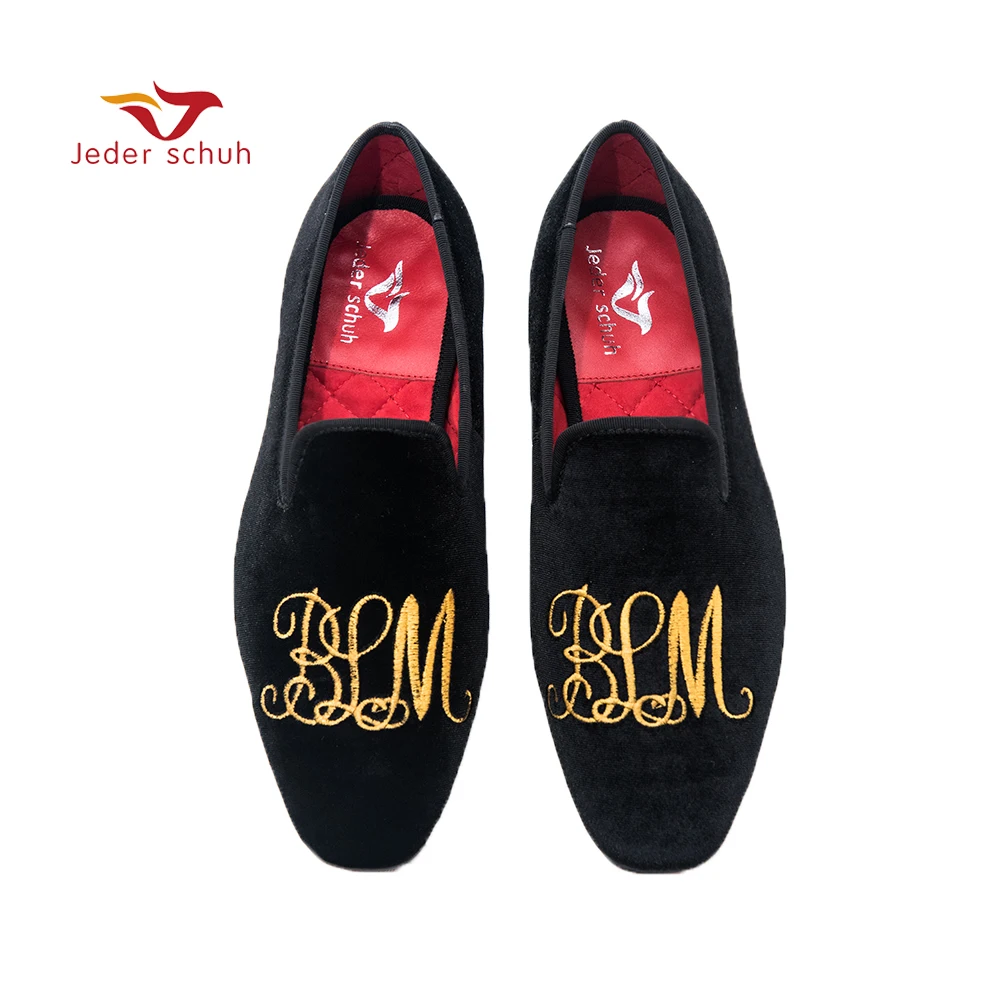 Jeder Schuh men shoes Handmade gold letter embroidery loafers smoked slippers wedding and banquet shoes Jeder Schuh men shoes Handmade gold letter embroidery loafers smoked slippers wedding and banquet shoes
