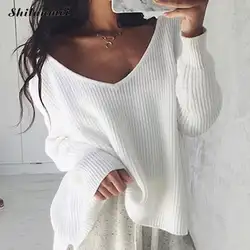 Пикантные с открытыми плечами Для женщин свитера Разделение вязаный свитер Для женщин пуловеры топы 2018 осень-зима повседневные белые