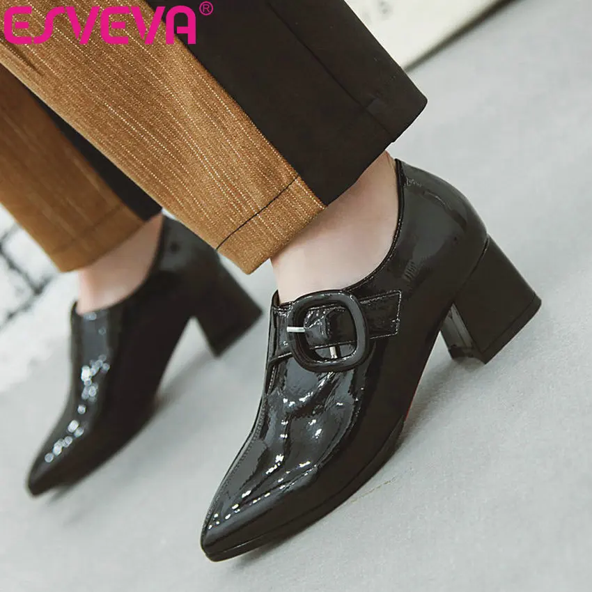 

ESVEVA 2019 Women Pumps Spring Autumn Western Style Square Med Heels Buckle Pointed Toe Cow Leather PU Ladies Shoes Size34-43