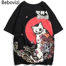 Bebovisi Японская уличная одежда Стиль укийо е кошка печатная Футболка Хип-Хоп Мужская Япония Харадзюку футболка повседневная с коротким рукавом Футболка