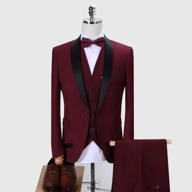 

Wine Red Mens Party Wedding Suits Brand Single Button Shawl Collar 3 Pieces Suit (Jacket+Vest+Pants) Men Formal Business Suit