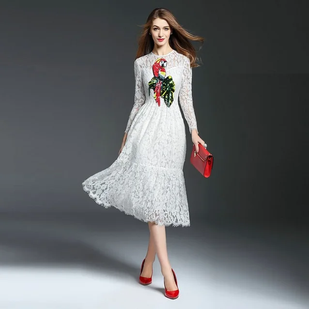 Wholesale Vestido De Renda 2017 Spring Women Sequined Birds Contrast Color Solid White Lace Long-Sleeved One-Piece Dress Lolita Novas Buy Cheap Vestido De Renda 2017 Spring Women Sequined Birds Contrast Color Solid White Lace Long-Sleeved One-Piece Dress Lolita Novas