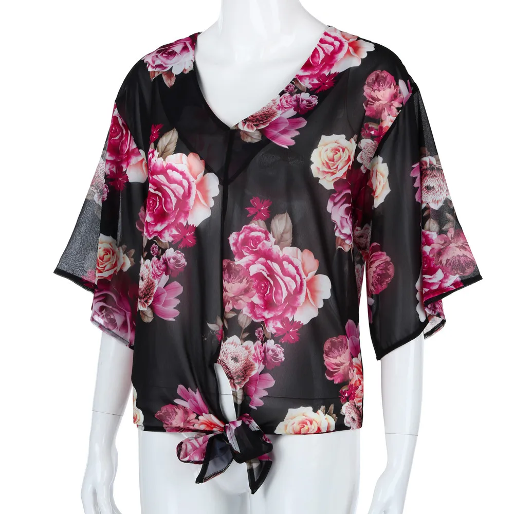 Летние женские топы и блузки, шифоновые элегантные топы с цветочным принтом и завязками спереди, туника с рукавом летучая мышь, женская одежда