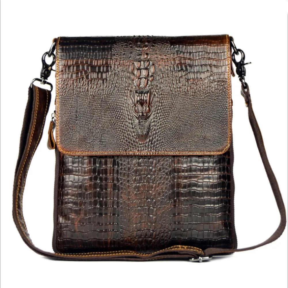 

New Men Leather Cowhide Crocodile Grain Pattern Vintage Cross Body Bag Messenger Shoulder Business Casual Bags