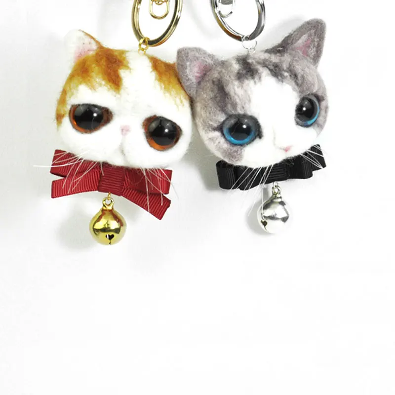 

DIY Pendant Bell Cat Non Finished Felting Poked Handcraft Wool Felt Poked Set DIY Gray and Yellow Cat Head Felt for Needle Poke