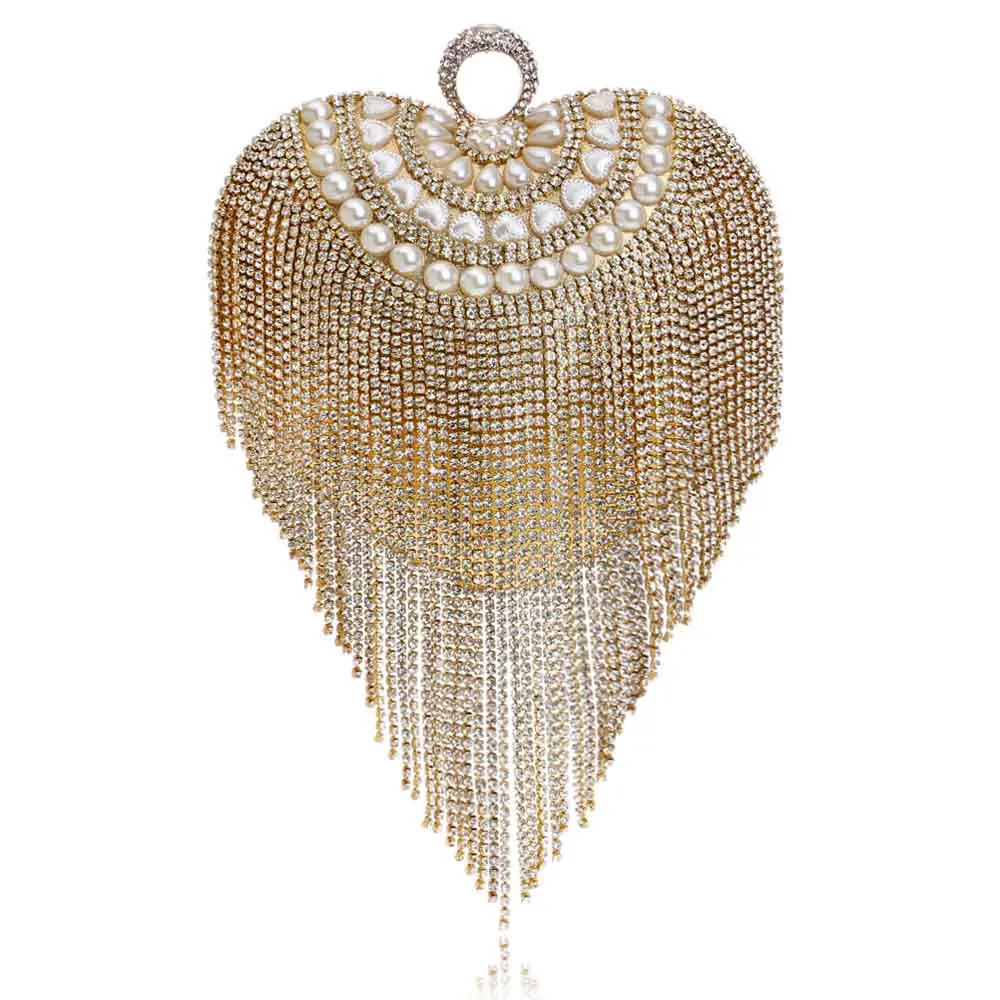 Кристалл в форме сердца клатч с кисточками сумка бриллиантовый Золотой/серебристый/черный красочный вечерние сумки ручной работы кошелек - Цвет: Gold