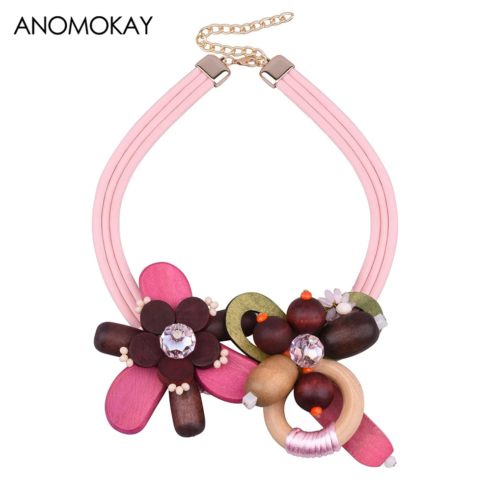 

ANOMOKAY New Design Fashion folk-custom Women Necklace Wood Bead Choker Necklace Crystal Flower Women Jewelry