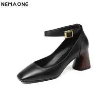 NEMAONE 2019 Women ankle strap High Heeled shoes Genuine Leather Summer Female square Toe Shoes Woman Ladies Gladiator pumps