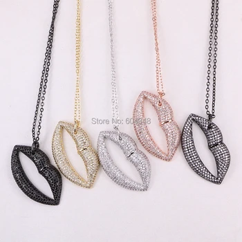 

5 Strands, Unique design micro pave CZ gold rose gold silver color black fashion sexy lips pendant women charm necklace