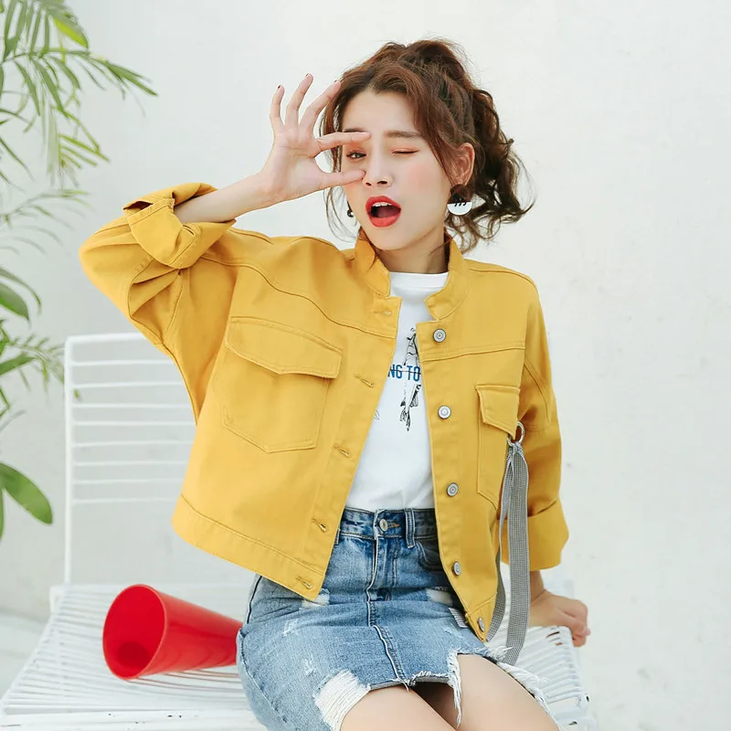 New Korean Denim Jacket Autumn Loose Fresh Yellow Student Coat Female Fashion Baseball Uniform