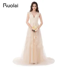 Real Image Cheap Wedding Dress V-neck A-Line Appliques Tulle Sweep Train Long Wedding Dress Bridal Gowns Vestido de Novia FW14
