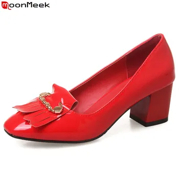 

MoonMeek 2020 high heels square toe pumps women shoes slip on shallow patent leather square heel dress casual female shoes