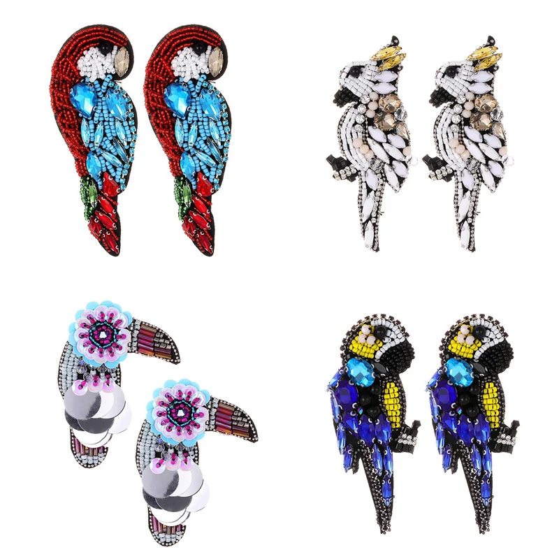 

ZHINI Ethnic Harajuku Cute Animal Parrot Bird Earrings Crystal Sequins Feather Statement Earrings For Women Indian Boho Jewelry