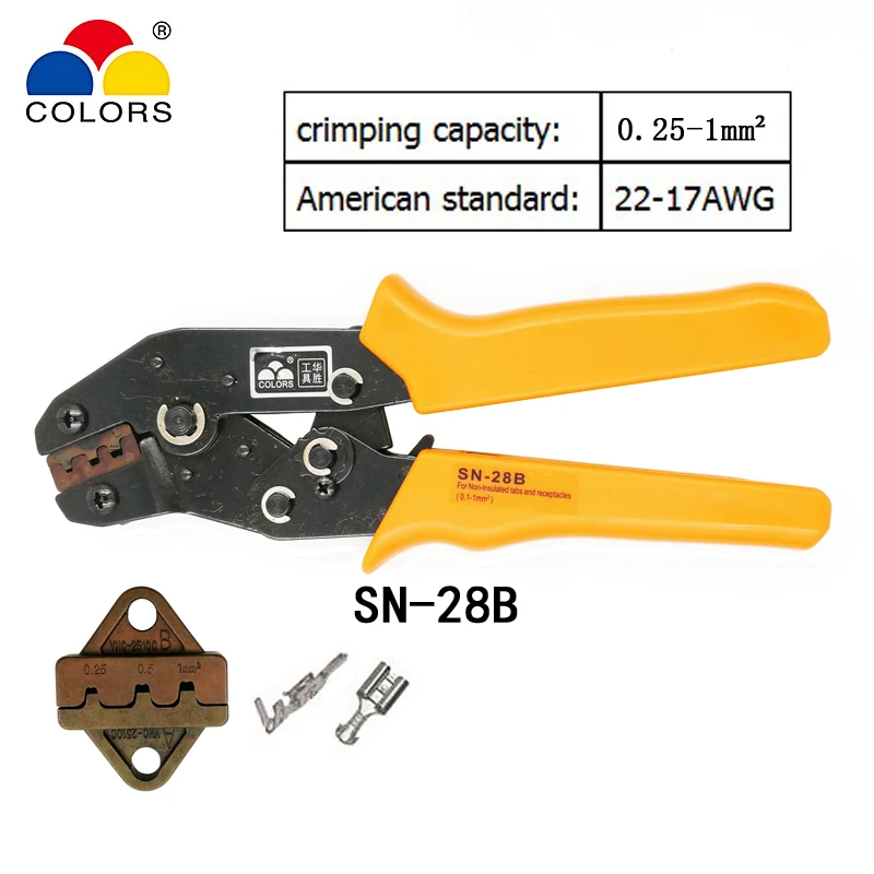 

COLORS SN-28B crimping plier european for unisuated receptacles TAB 2.8mm terminals capacity 0.3-1.5mm2 23-13AWG crimping tool