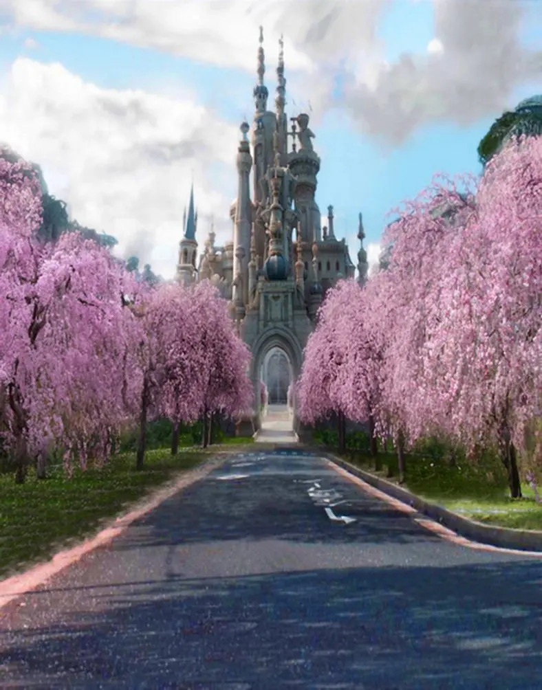 

5x7ft Castle Pink Flowers Tree Photography Backdrops Photo Props Studio Background