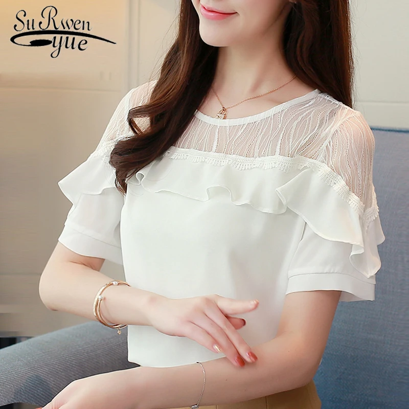 

2019 fashion sexy hollow lace chiffon women blouse shirt short sleeve summer women tops blusas white women's clothing 0053 30