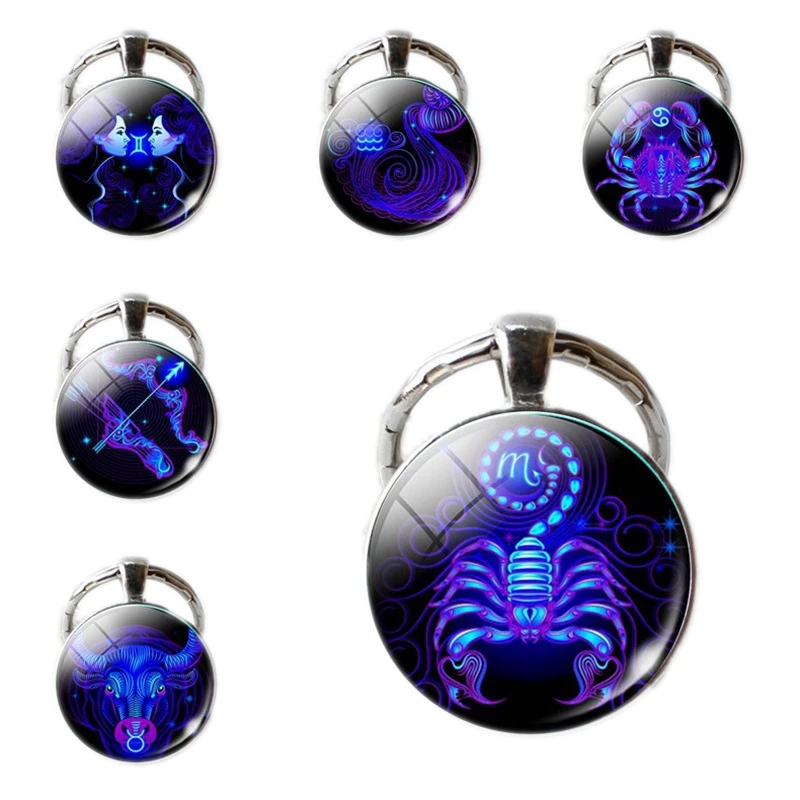 

Alloy Vintage 12 Constellation Round Time Gem Key Rings Aries Taurus Aquarius Keychain Pendant Gift For Friends 1PCS