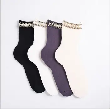 

New arrival socks trend Horizontal pearl Rhinestone Hot Drill sequin color in the tube heap pile socks handmade socks