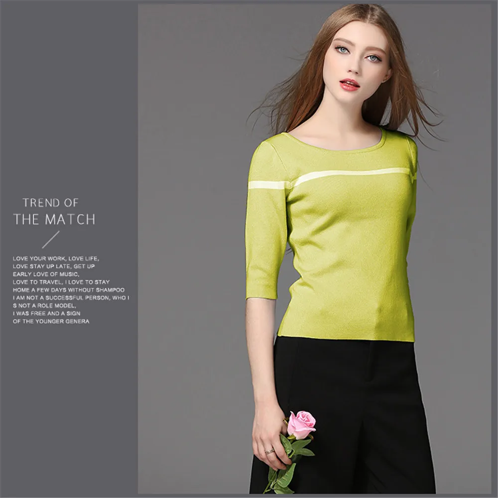 Women Knitting Shirt 2017 Spring Half Sleeve Knitted t-shirt O-neck Thin Slim Solid Shirt Top Female Basic Pullover Blouse (6)
