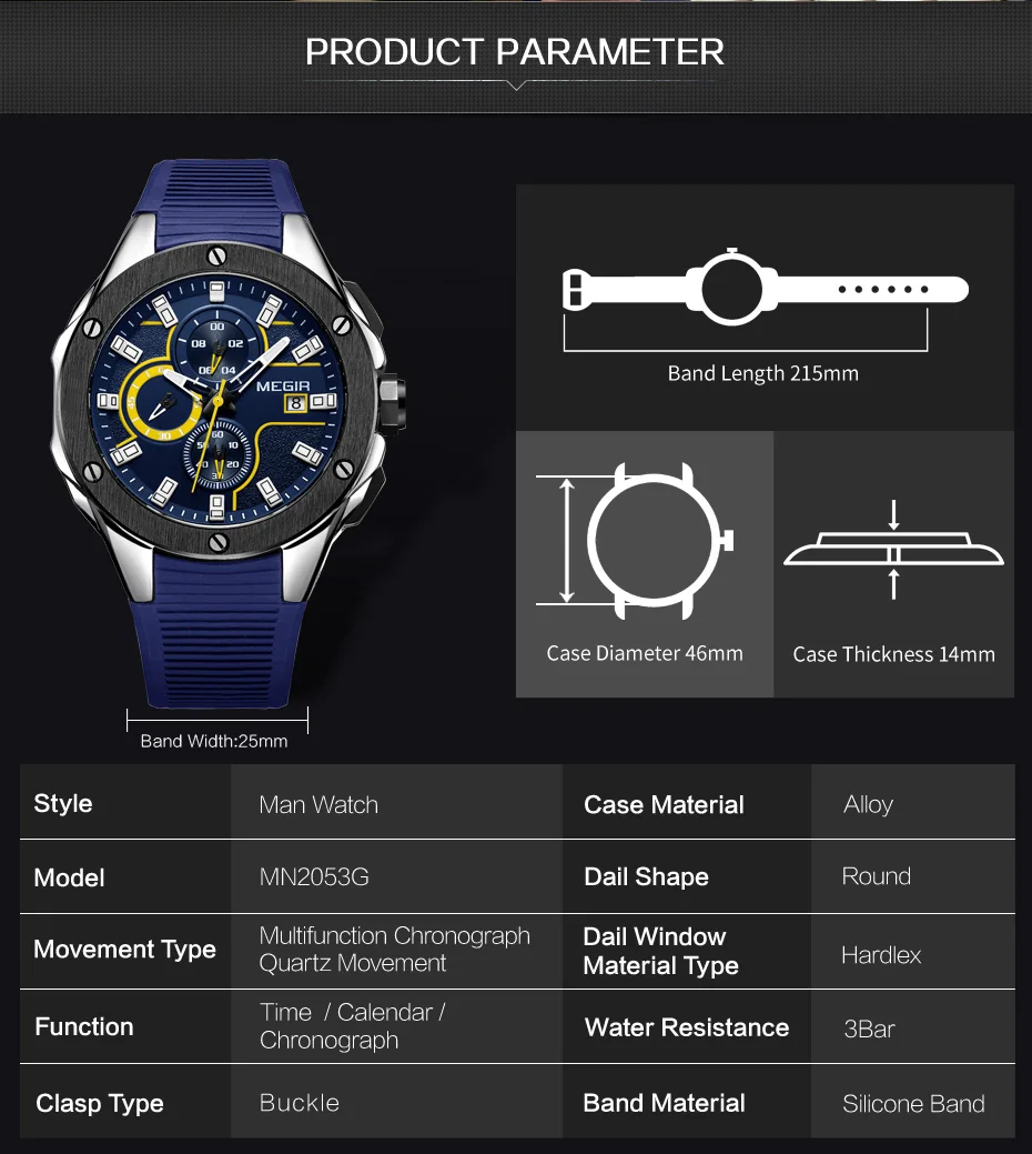 Мужские спортивные кварцевые часы MEGIR с хронографом и силиконовым ремешком, светящиеся водонепроницаемые армейские военные наручные часы, мужские часы 2053 синего цвета