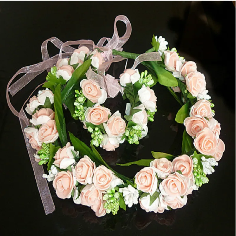 Белый розовый женские аксессуары для волос пена цветочный головной венок браслет набор пляж Свадьба Корона из искусственных цветов браслет