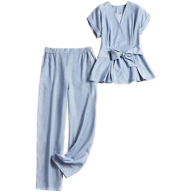 

conjuntos de mujer Fashion summer new style Tencel Short sleeve Bow tie top Nine straight leg pants Casual pants suit