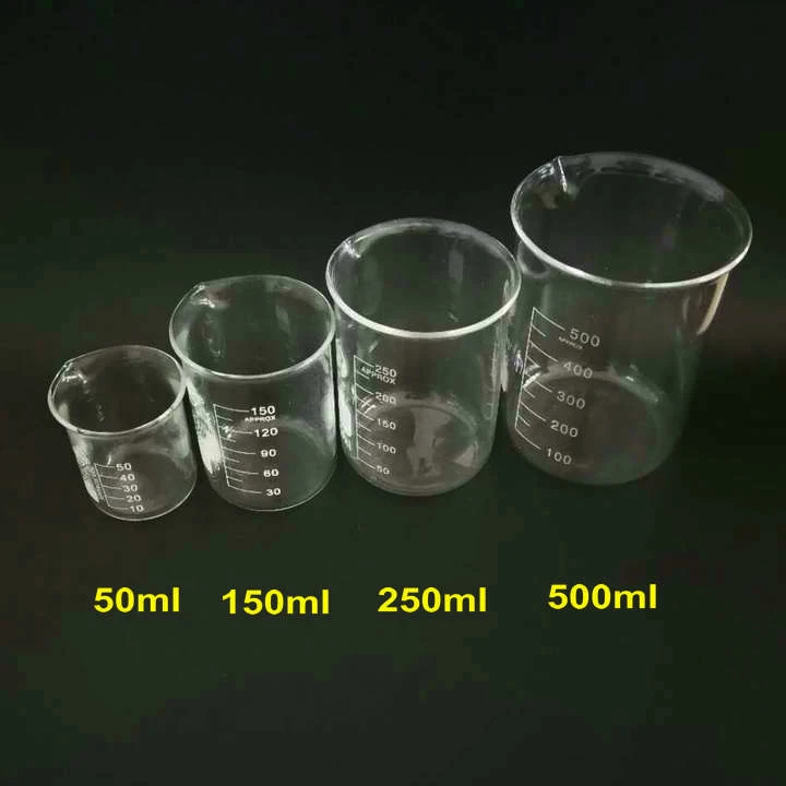 4 шт./компл. 50/150/250/500 мл Стекло стакан для лабораторных тестов, мерный стаканчик объемный Стекло посуда малая лабораторная мельница Эксперименты