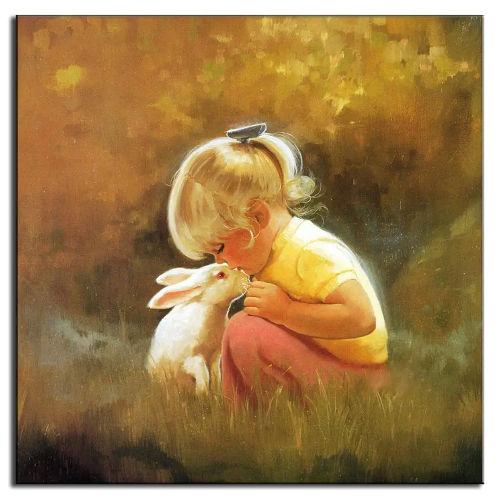 빈티지 초상화 Oil Painting 포스터 및 인화 Little Girl 및 토끼 Canvas Art 벽 Pictures 대