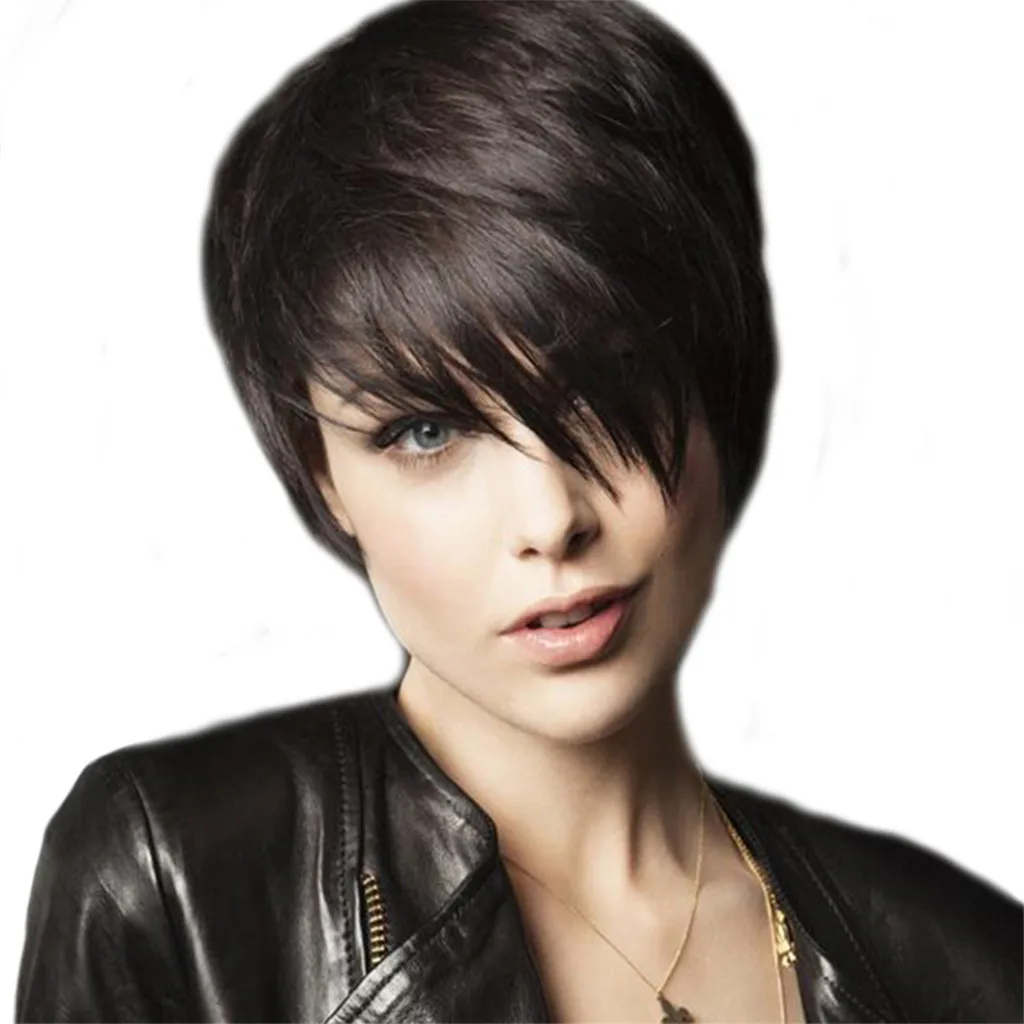 8'' Short Straight Wigs Human Hair Pixie Cut Chic Wig for Women w/Bangs Black Straight 2