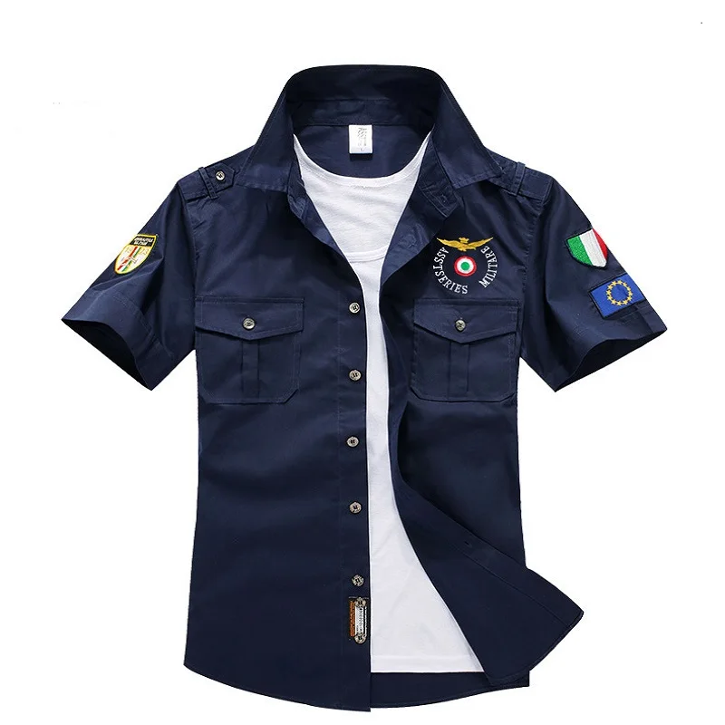Дизайнер Air Force One короткие рубашки мужские брендовые модные вышитые Air Militare мужские рубашки MA 1 хлопковые облегающие рубашки - Цвет: Синий