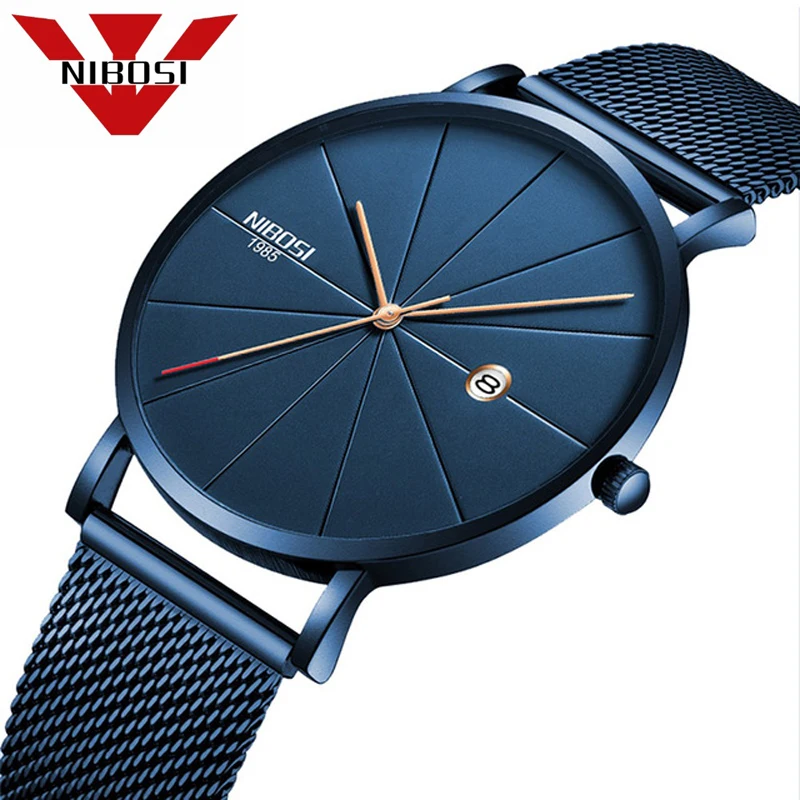 Billige NIBOSI Männer Blau Edelstahl Ultra Dünne Uhren Männer Klassische Quarz Uhren Luxus Datum Männer der Armbanduhr Relogio Masculino