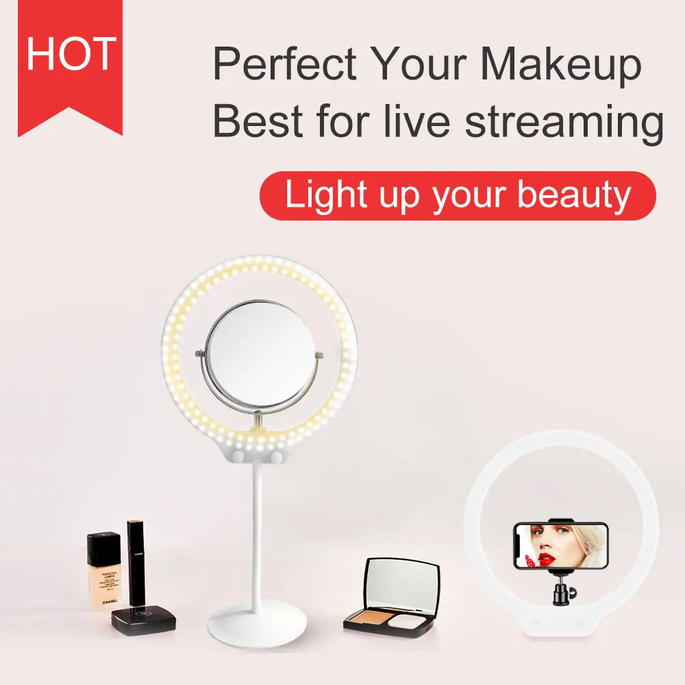Светодиодный светильник с регулируемой яркостью 1", кольцевой светильник для фото и видео, кабель для зарядки для Youtube, настольная лампа для макияжа с зеркалом для макияжа