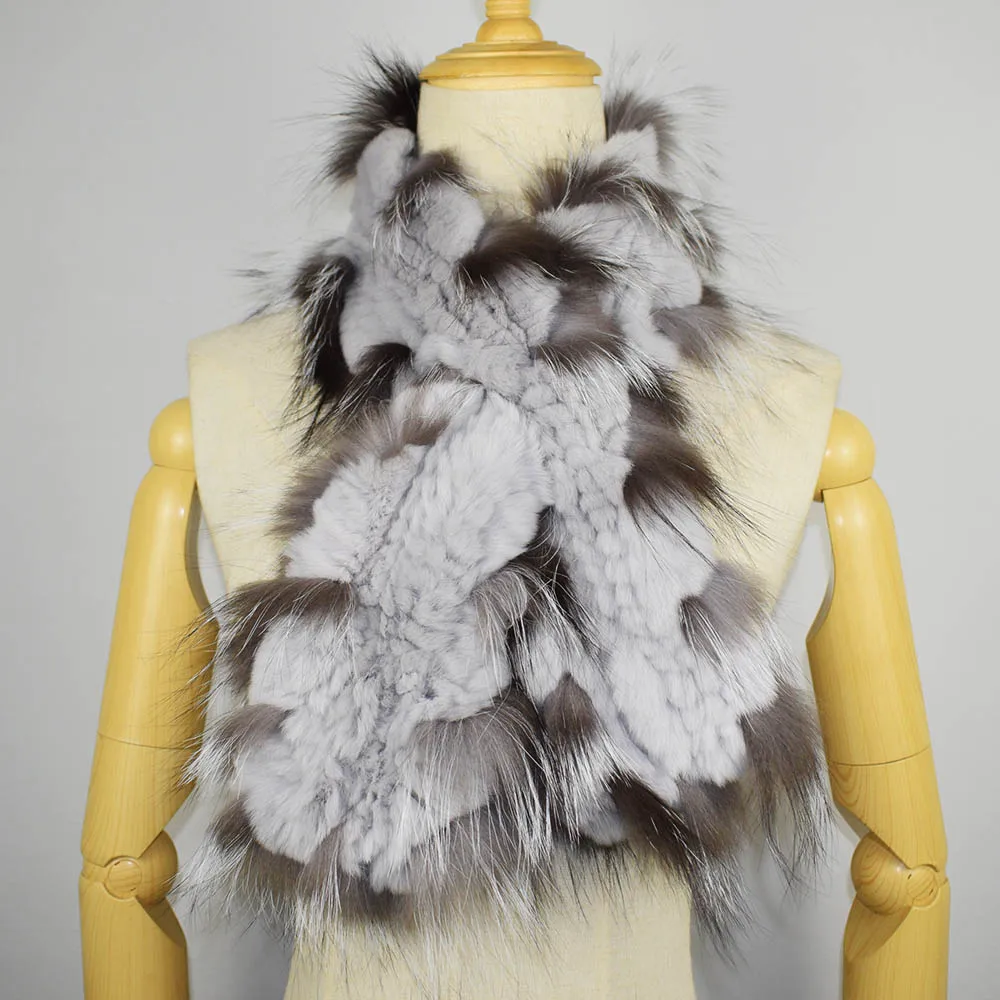 MS. MinShu натуральный меховой шарф ручной вязки шарф из меха кролика рекс натуральный мех шарф с лисьим мехом отделка - Цвет: color 2