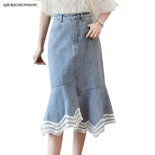 Высокая Талия Длинные джинсовые юбка Для женщин разрез спереди нерегулярные кружева подол лоскутное рюшами Джинсы Юбки дамы тонкий пояс на бедра юбка saias