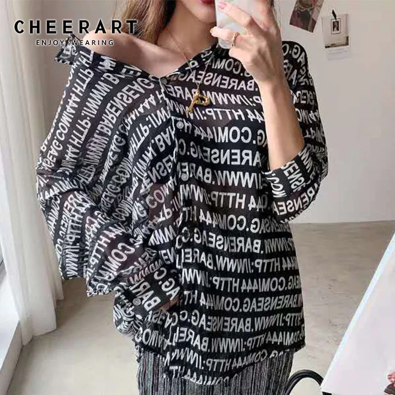 Cheerart Streetwear Letter Print Chiffon Blouse Women Long Sleeve See Through Fashion Shirts Loose Sheer Top 2019 |