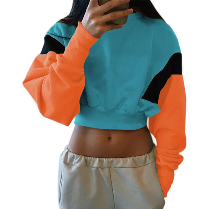 Women Autumn Pullover Crop Tops Contrast Color Patchwork