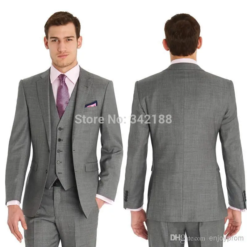 Custom Side Vent Slim Fit Groom Tuxedos Light Grey Best man Notch Lapel Groomsman Men Wedding Suits Bridegroom(Jacket+Pants+Vest