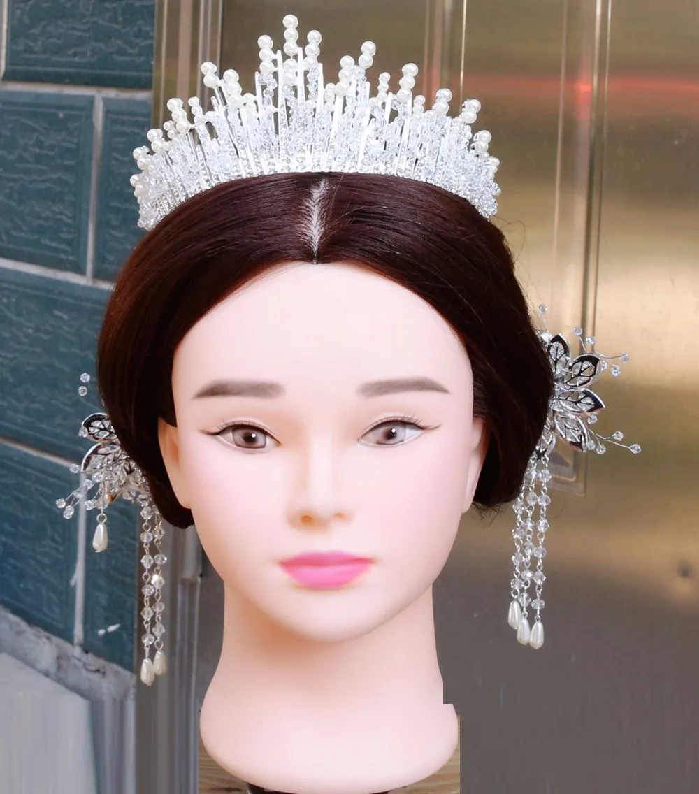 Vintage Multilayer Silver Crystal Pearl Tiara Crown Wedding Hair Accessories Bridal Party Headbands
