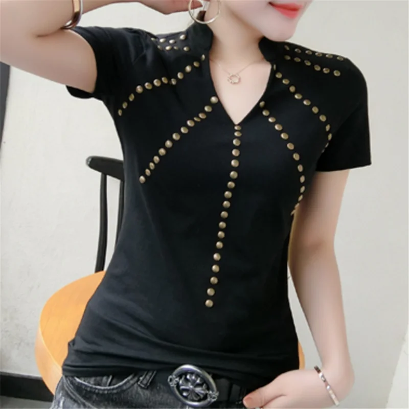 Женская футболка с заклепками Ropa Mujer Camiseta Feminina Camisetas топы футболки Roupas Femininas в