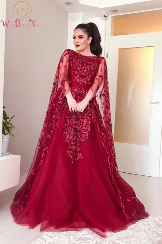 

Wine Red Saudi Arabi Backless Evening Dress Plus Size Custom Made Boat Neck A-line Tulle Sleeve New Arrival Appliques Prom Gown