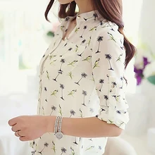 Fashion Bird Tree Chiffon Button Front Half Sleeve Women Blouse Shirt Casual Top