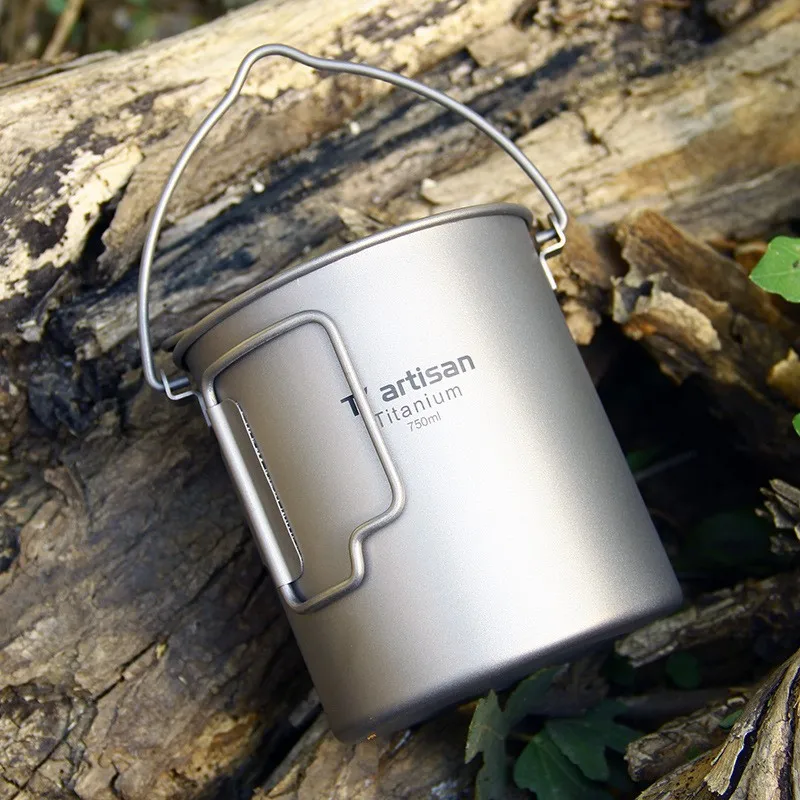 Outdoor pure titanium 750ml hanging pot folding handle travel camping cooking pot lunch box water cup with lid handle and hookup