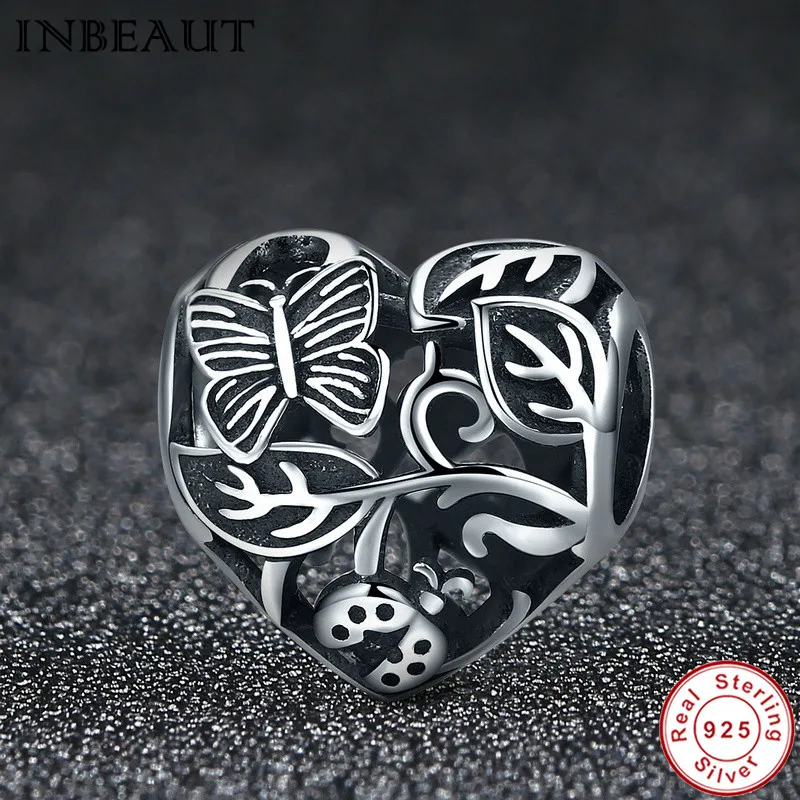 

fit Pandora Bracelet 925 Sterling Silver Butterfly Beetle Charm for Jewelry Making S925 Plant Insect Carved Heart Beads Female
