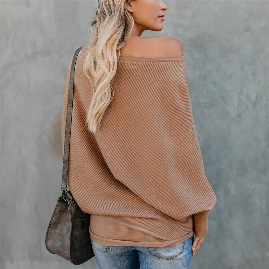 Gladiolus Slash Neck Sexy Autumn Winter Sweater Women 2018  Long Sleeve Loose Casual Long Knitted Pullover Women Sweater Jumpers (16)