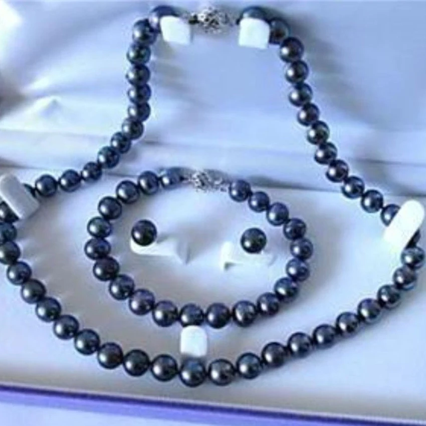 

Newly blue akoya cultured freshwater round natural 7-8mm pearl fascinating necklace bracelet earring set 18-20 inch BV343