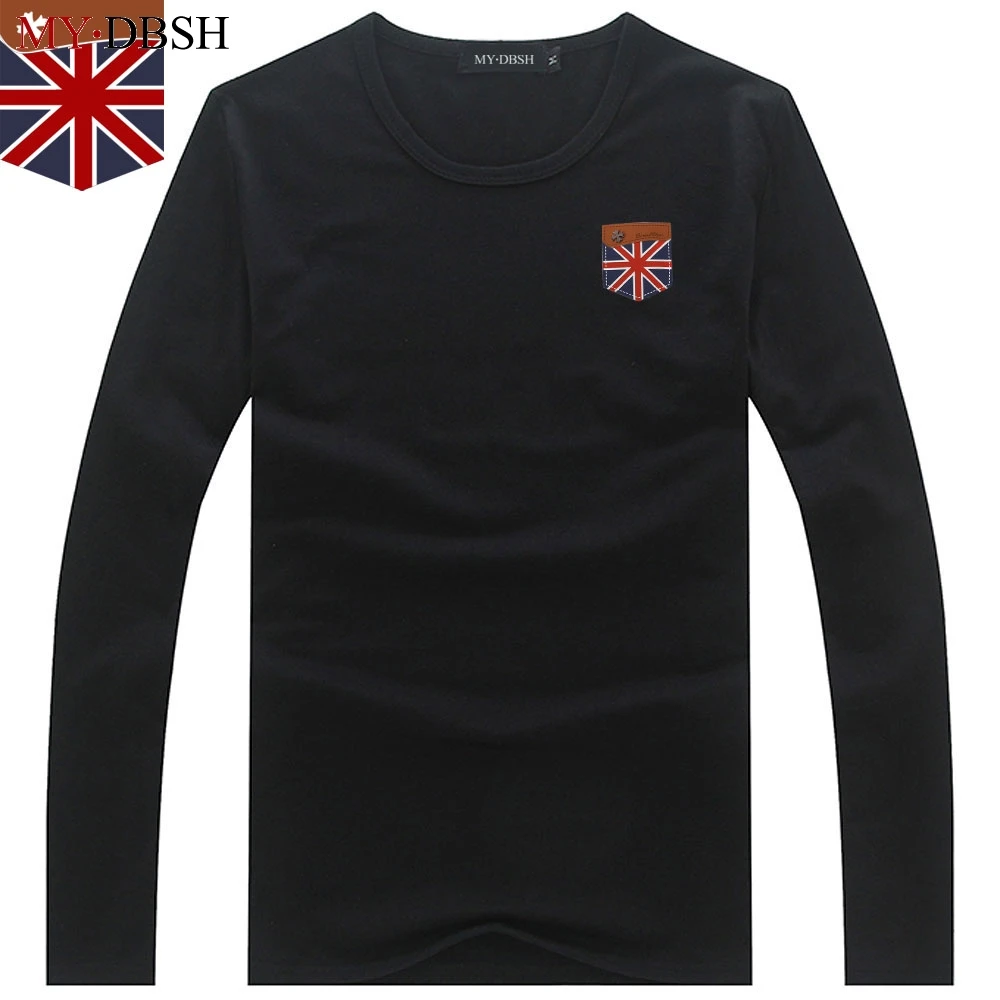 

2019 Summer Mens British Style Long Sleeve Leather UK Flag t shirt High Quality Fake Pocket t-shirt Men's Elastic Cotton tshirt