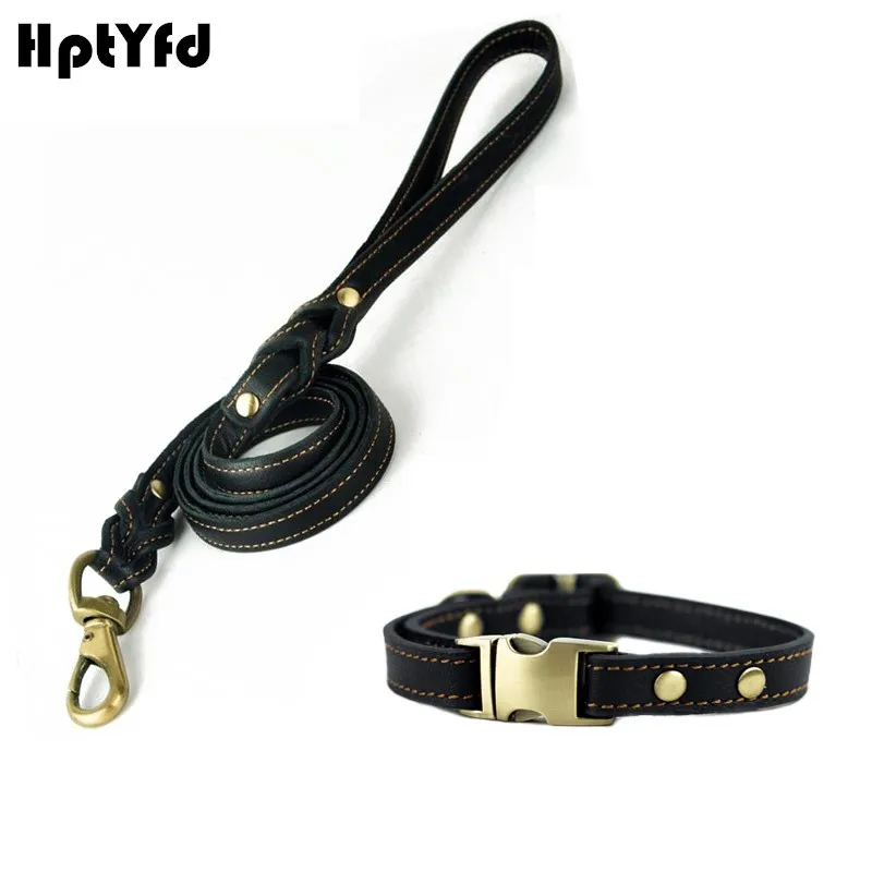 Genuine Leather Dog Collar Leash Set Pet Buckle Collar Lead with 120 CM