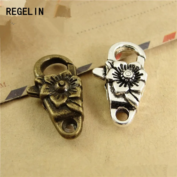 

REGELIN Antique Silver Flower Lobster Clasp Hooks For Necklace Bracelet Chain 10pcs/lot 24*13*8MMDIY Jewelry Accessory Findings