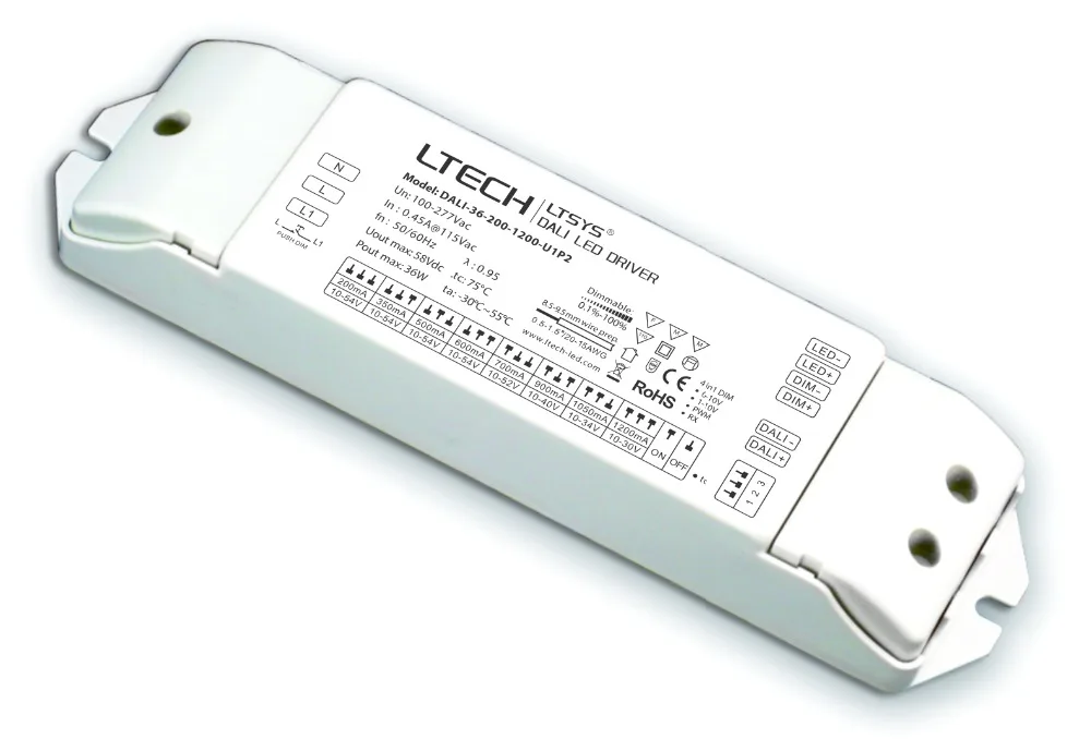 

DALI-36-200-1200-U1P2; constant current DALI Dimming Driver;100-277Vacc input; 200-1200mA/2-36W output