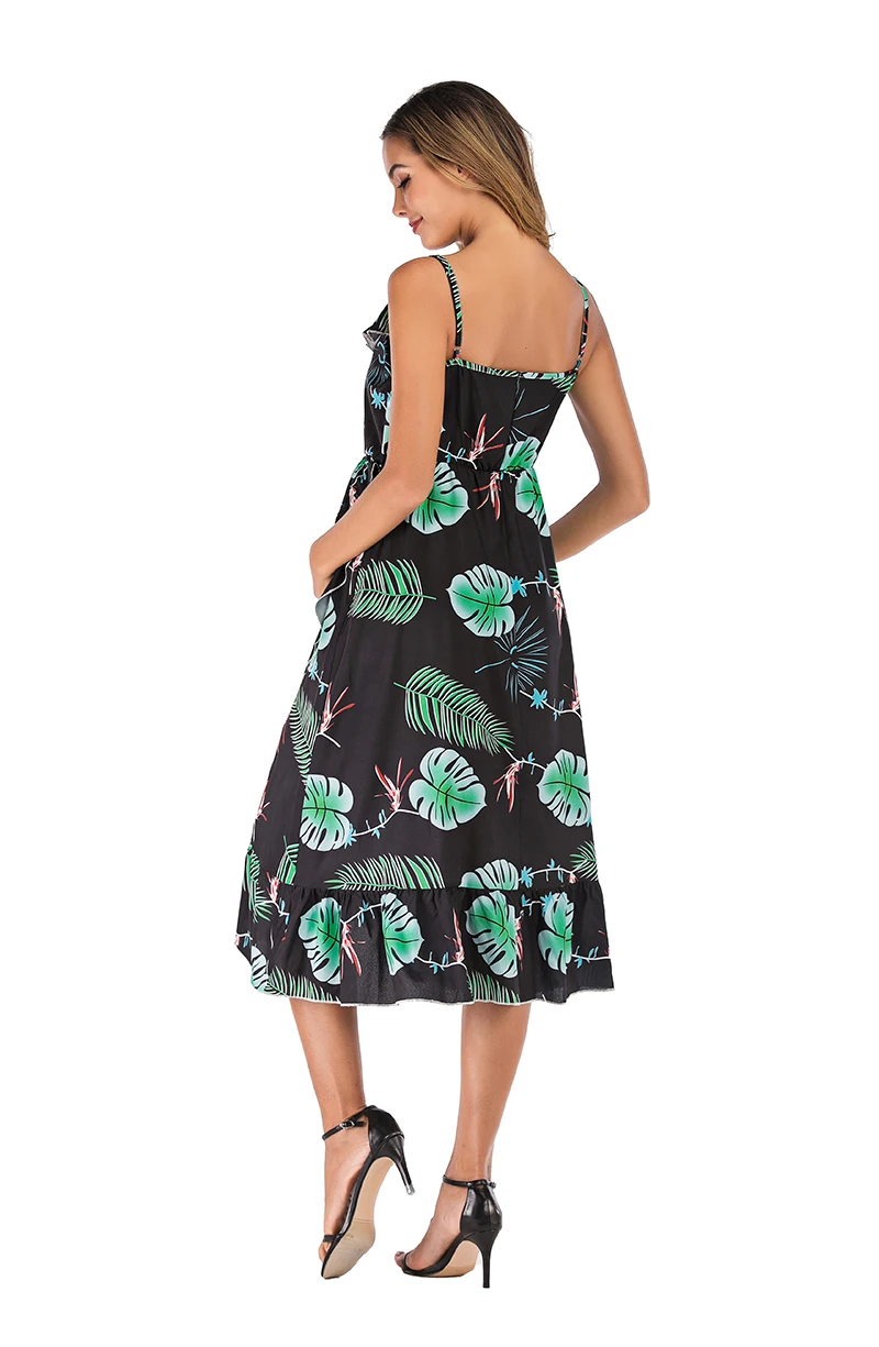 New European and American style ruffled ink deep V sling irregular print loose pregnant dress